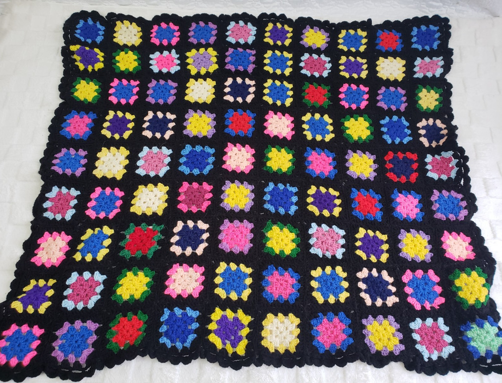Vintage Granny Square Afghan Hand Crochet Throw Blanket Multicolor 44"x38"
